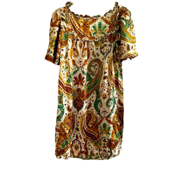 Yasb Silk 100% Silk Dress Green Gold short sleeve Size M - Picture 3 of 6